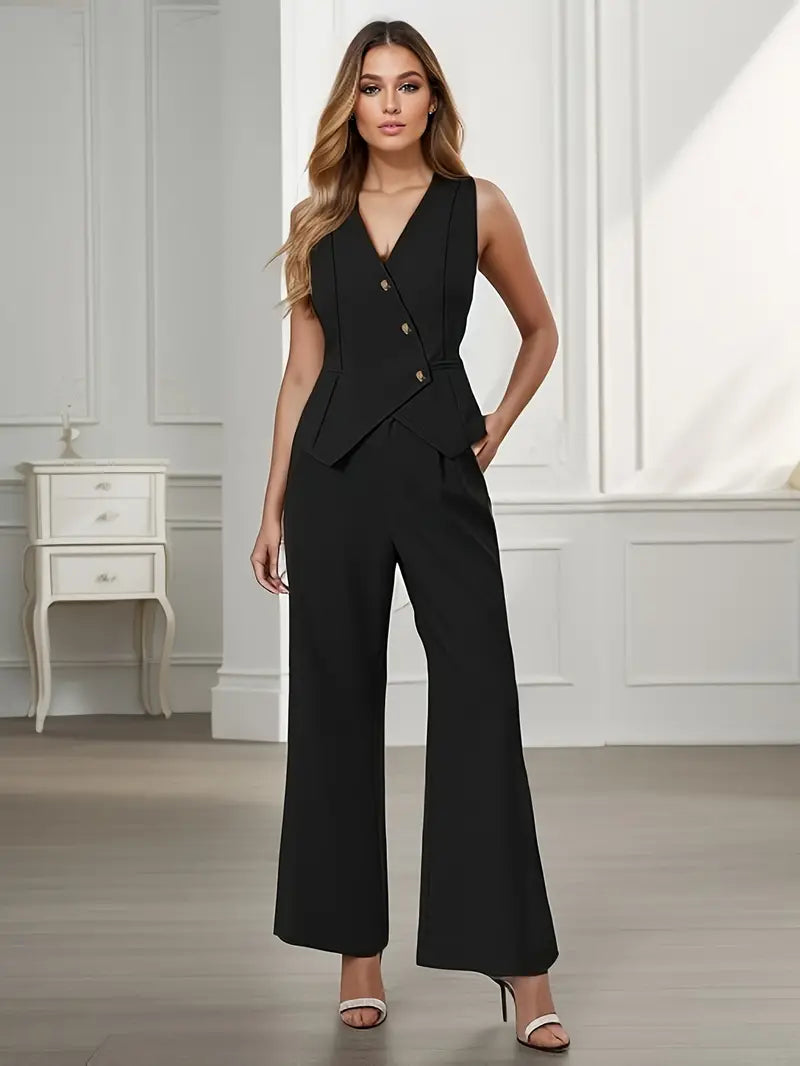 Elegant ladies' waistcoat & flared trousers ensemble, a comfortable yet sophisticated two-piece outfit for office wear.