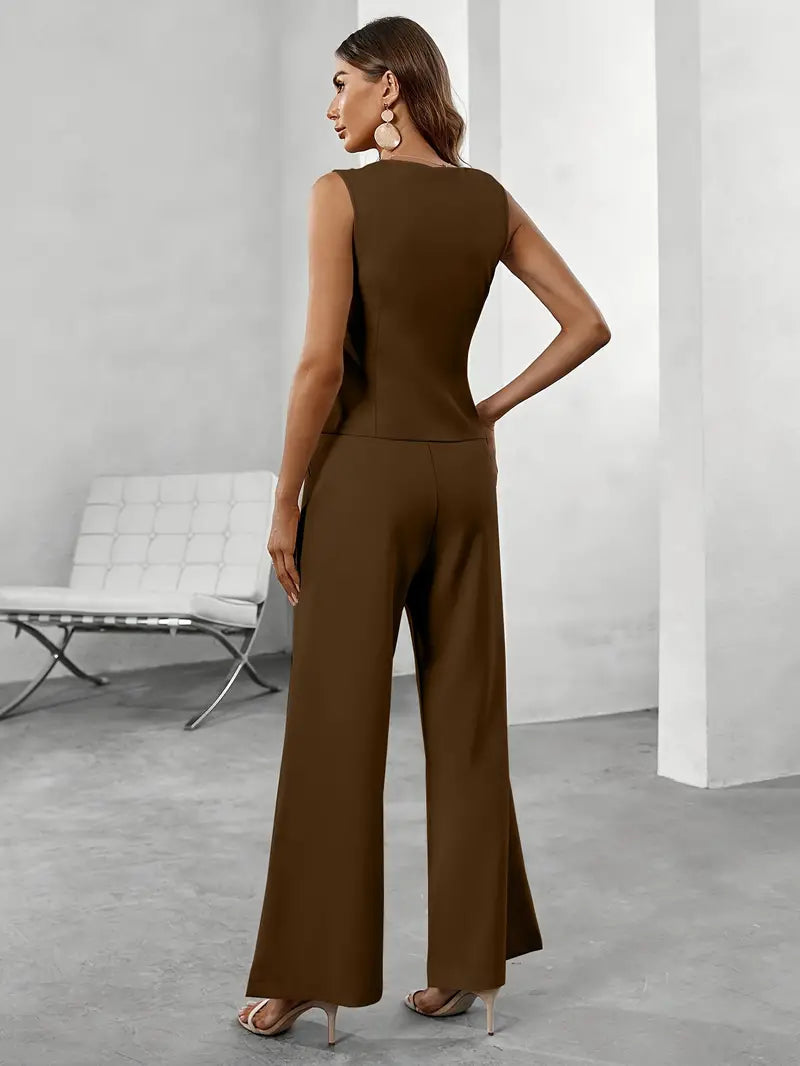 Sophisticated women's waistcoat & flared trousers suit set, ideal for elegant office wear or business casual.