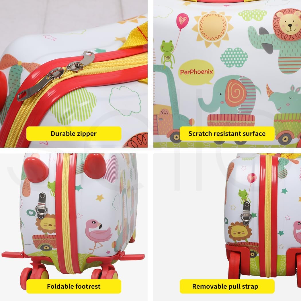 Octopus pattern kids' ride-on scooter suitcase for travel, carry-on size with smooth 360° wheels.