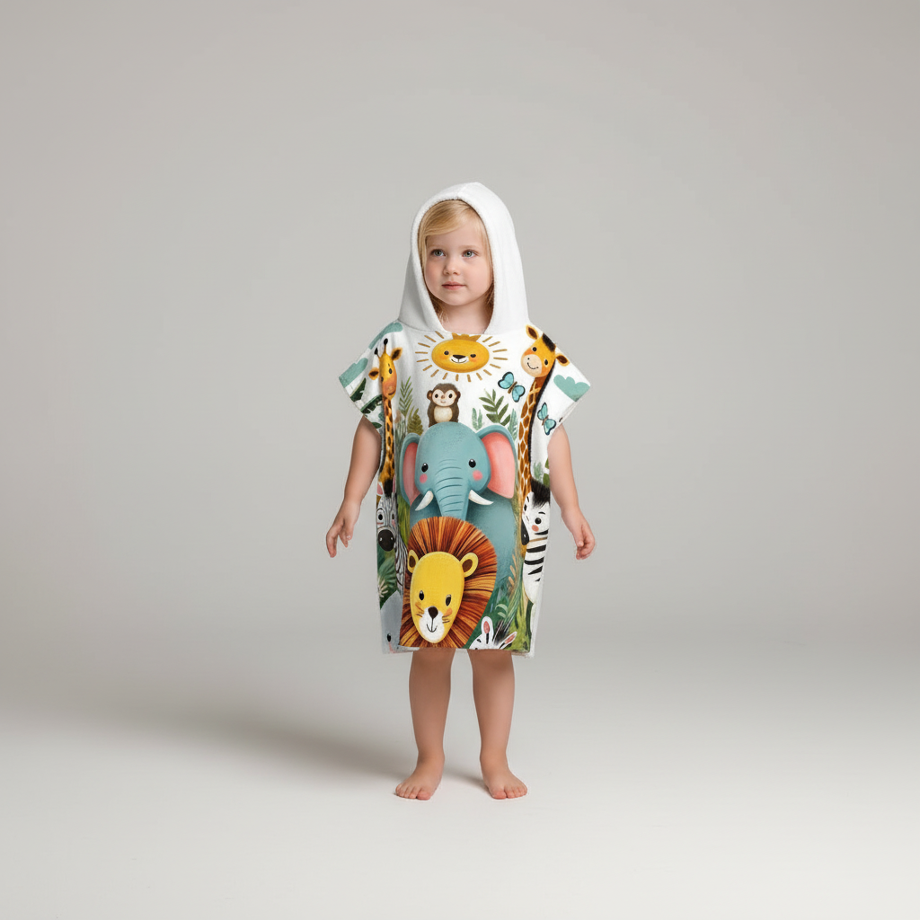 Child wearing AnimalFun hooded play cape, colorful animal print, durable polyester fabric