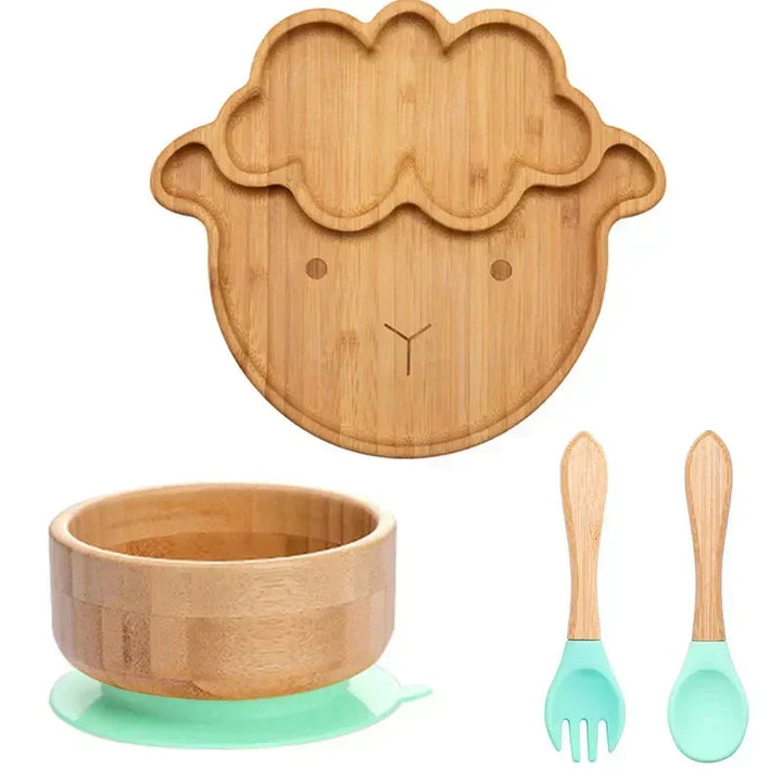 Durable bamboo suction tableware for toddlers, prevents food spills & promotes self-feeding.