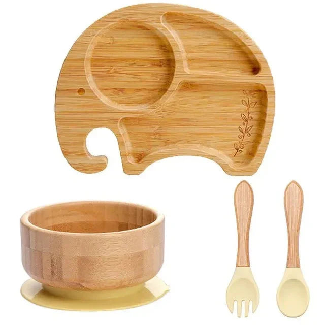Kids' mess-free mealtime fun with bamboo suction plate and matching cutlery set.