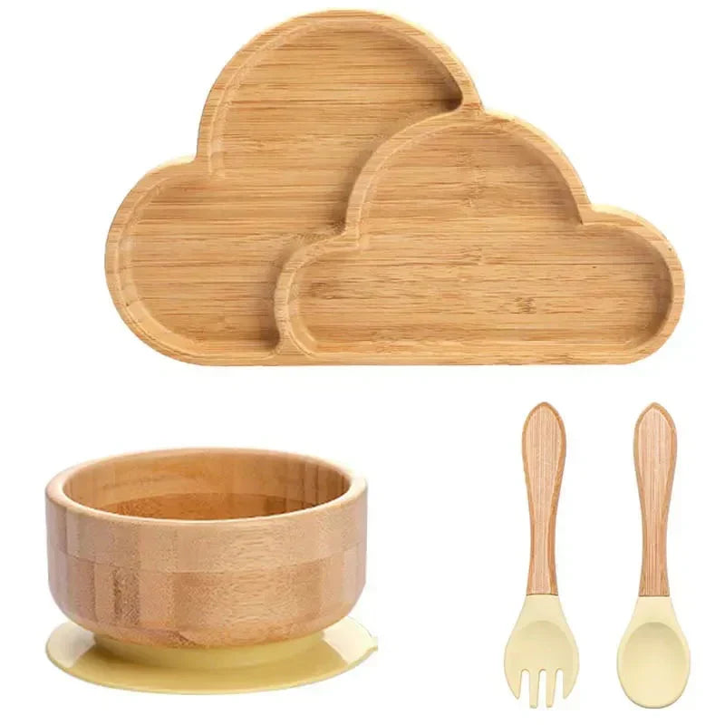 Complete bamboo suction tableware for kids, promotes independent eating, reduces mess.