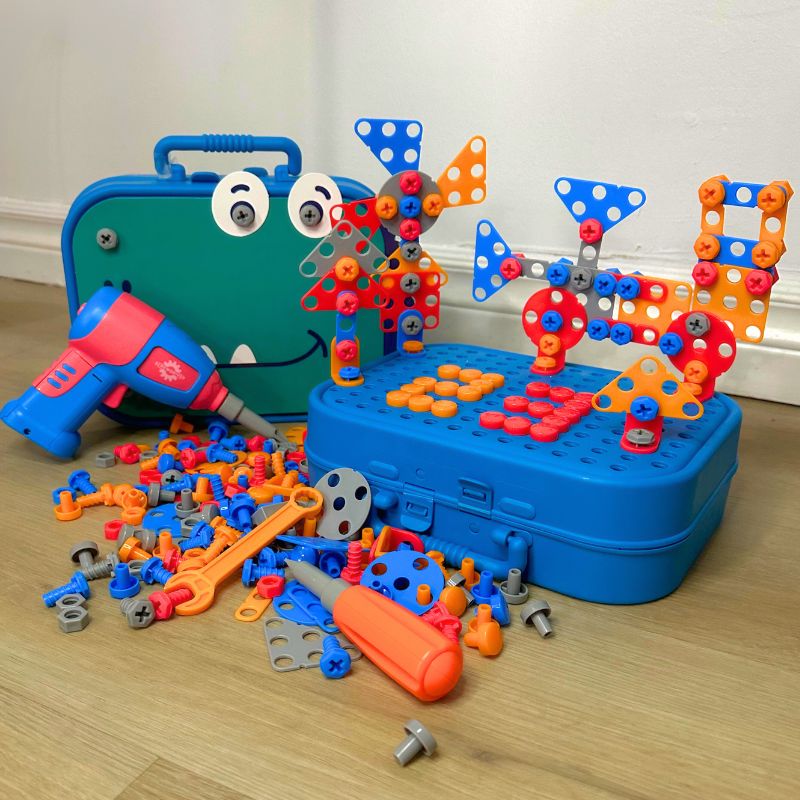 Children's Electric Drill & Building Block Toolbox Set, a portable BuildiBox for creative STEM construction play.