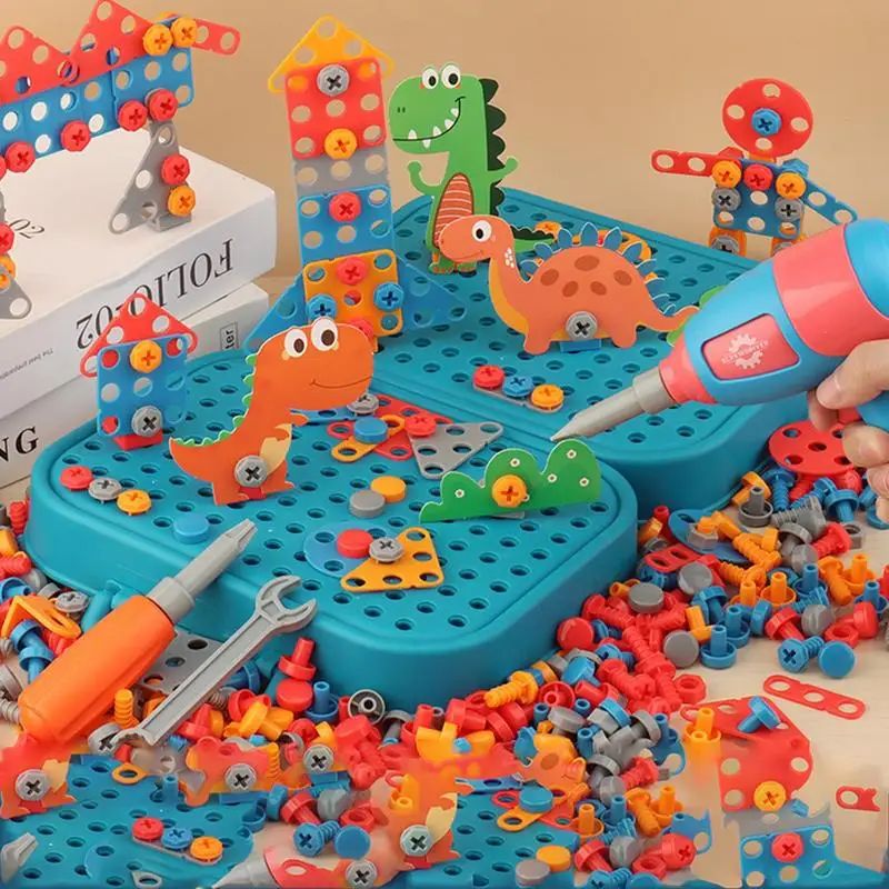 Toddler STEM toy: portable building block toolbox with electric drill for hands-on construction and creative play.