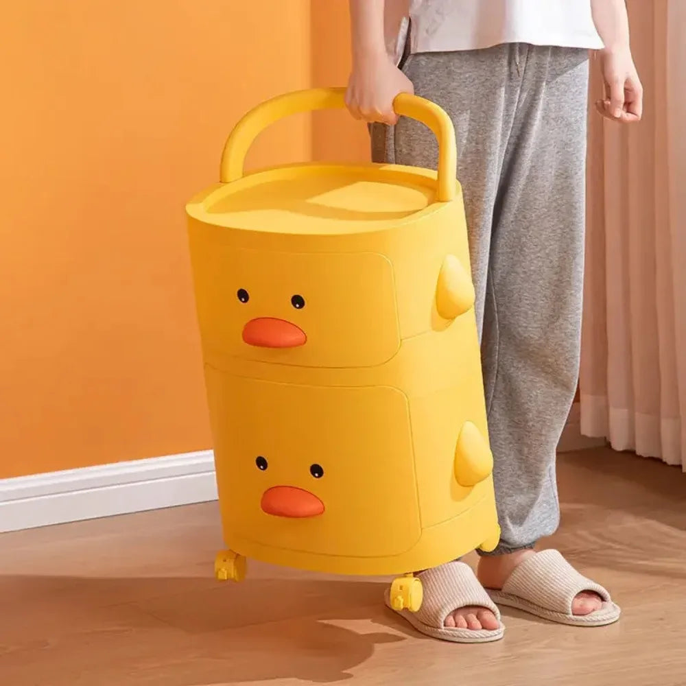 Yellow toy storage trolley rack with a cute little duck design, perfect for children's toys