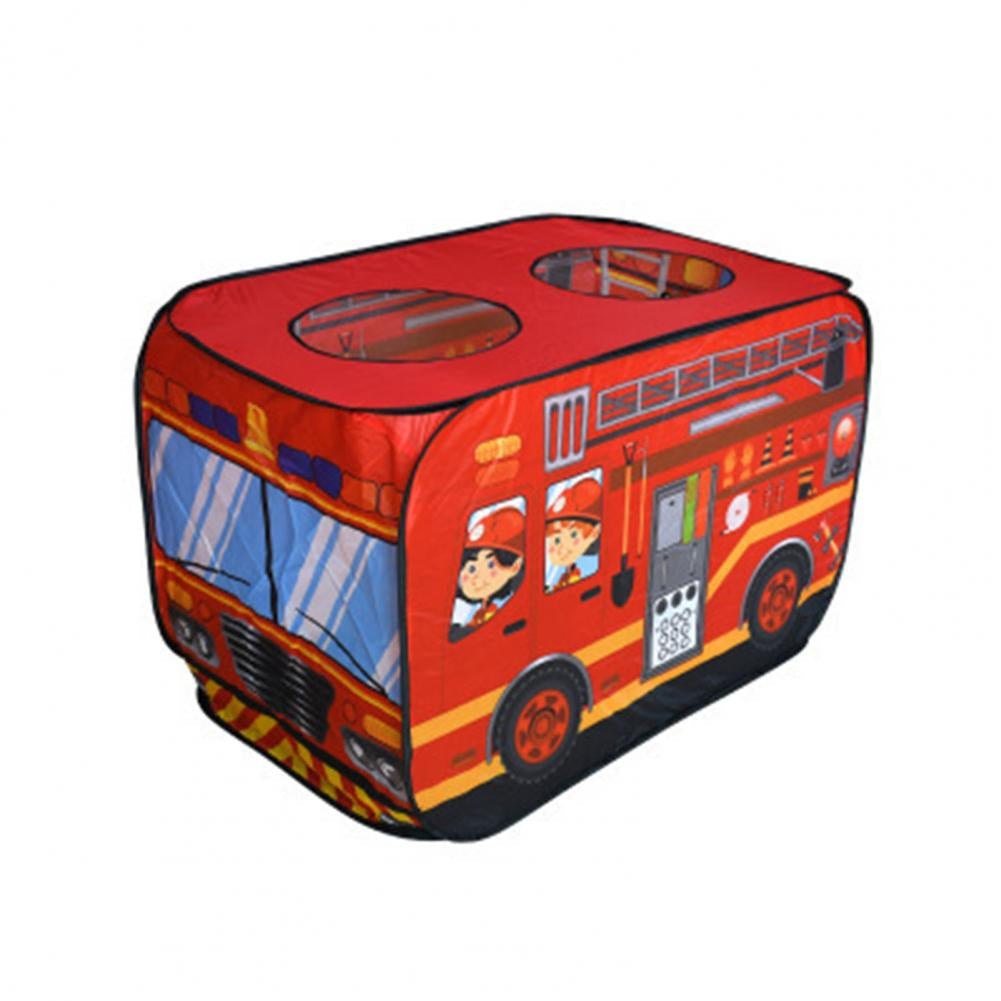 Colorful pop-up playhouse; various themes like fire truck, school bus, ice cream stand for kids' fun.