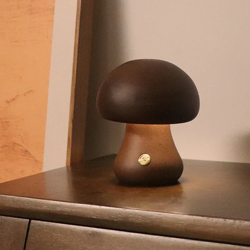 Eco-friendly wooden mushroom LED night light, perfect nursery decor & sleep aid.