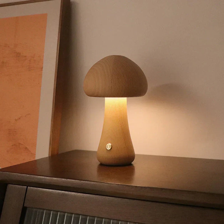 Premium walnut & beech wood mushroom LED night light, a charming sleep aid for kids.