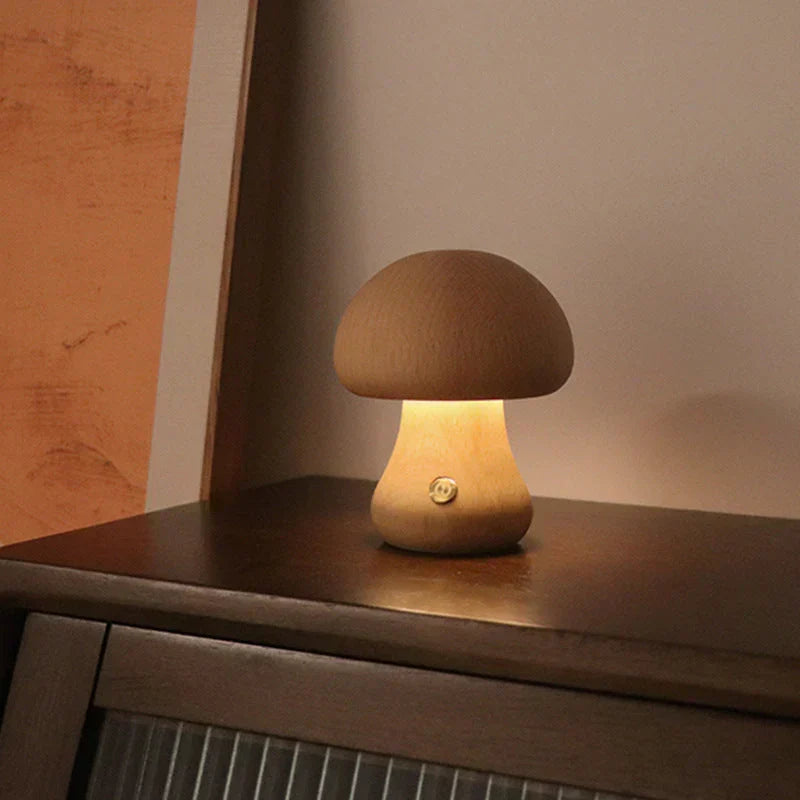 Walnut wood mushroom LED bedside lamp, offering a gentle, warm glow for children's rooms.