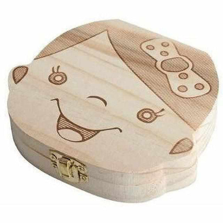 Wooden tooth fairy keepsake box with secure compartments for baby teeth, preserving precious childhood memories & first tooth.
