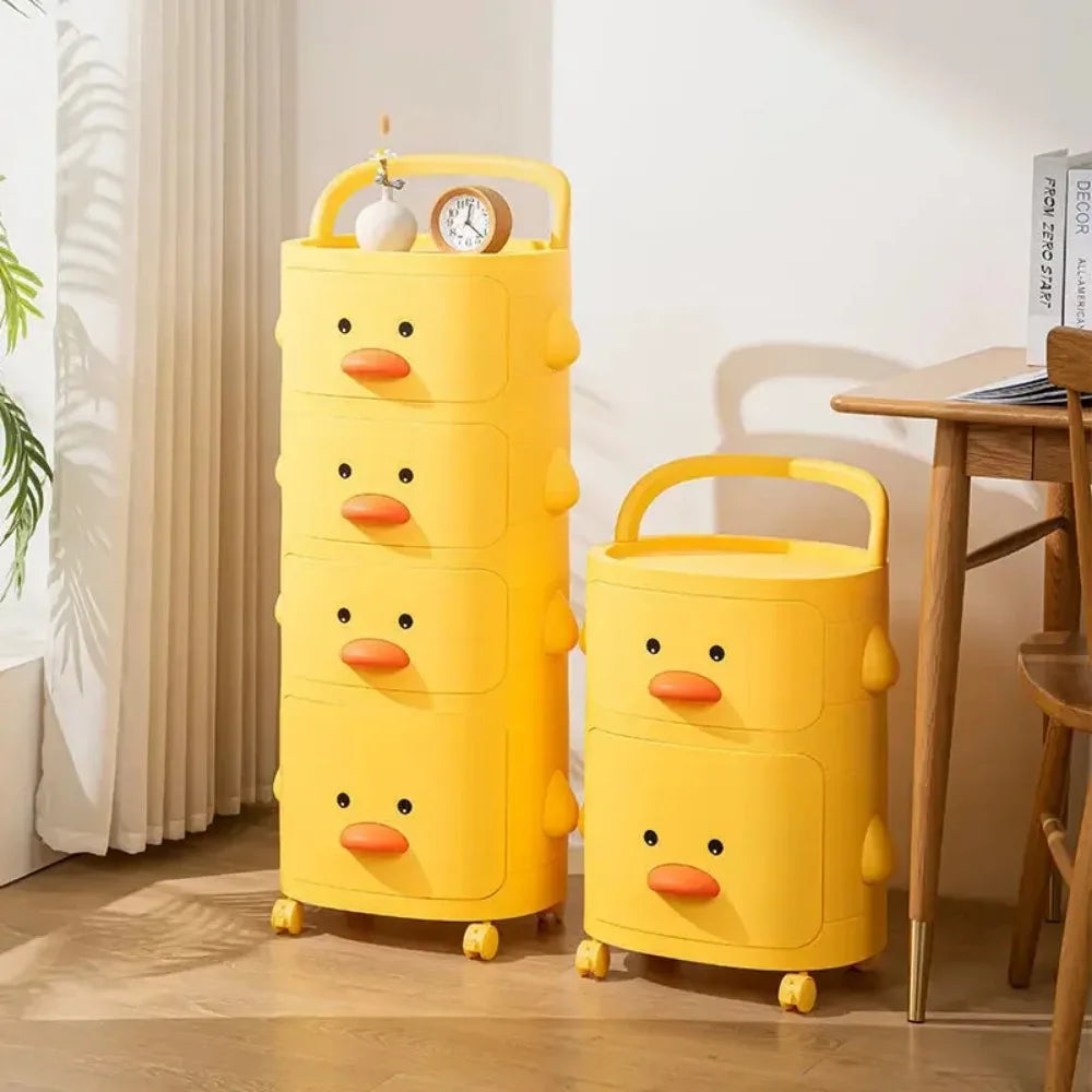 Childrens rolling toy storage cart with cute duck design, multi-layer plastic organizer for playroom