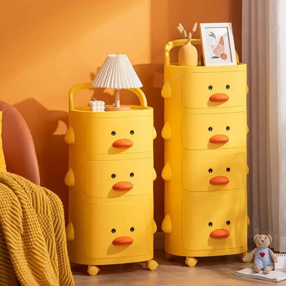 Close-up of duck design on children's rolling toy storage cart, highlighting playful playroom decor