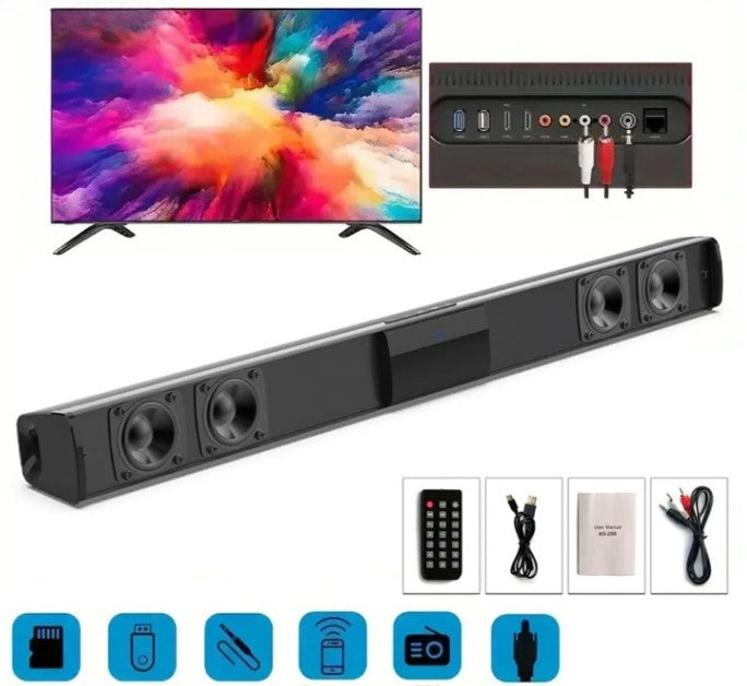 CineWave wireless Bluetooth soundbar speaker for home theater, rich stereo sound with FM radio.