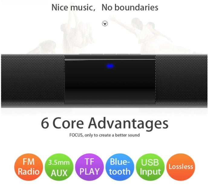 Sleek black wireless Bluetooth soundbar speaker, CineWave, enhances home theater audio experience.