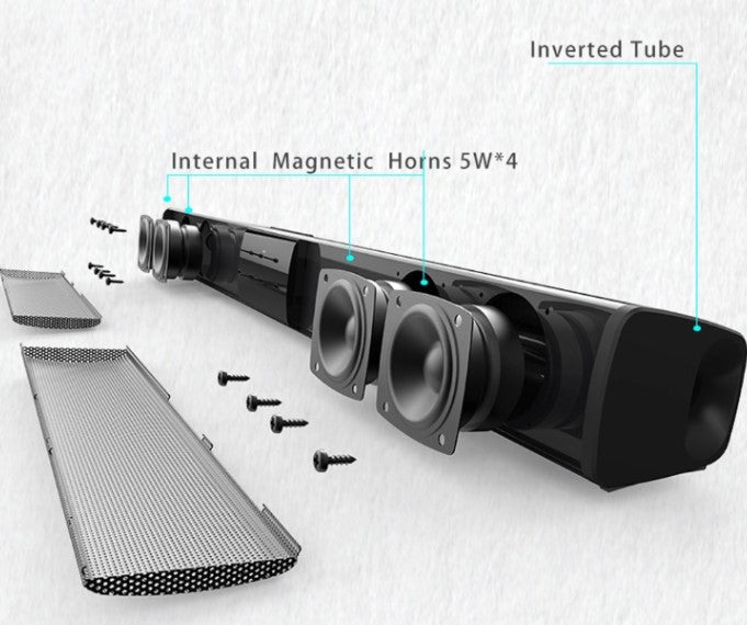 Versatile CineWave wireless soundbar speaker with Bluetooth, FM radio, and powerful stereo sound.