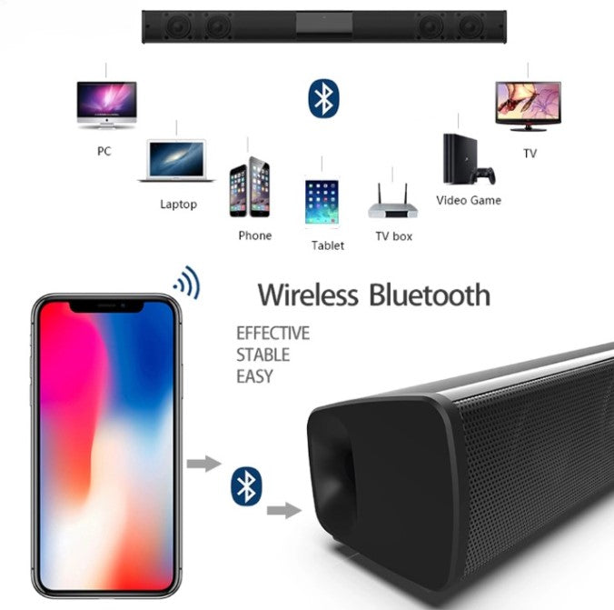 CineWave Bluetooth soundbar providing clear stereo sound, an ideal tech accessory for any living room