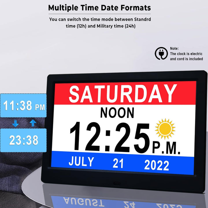 Claryon 11.5-inch digital clock showing time, day, date, and reminders