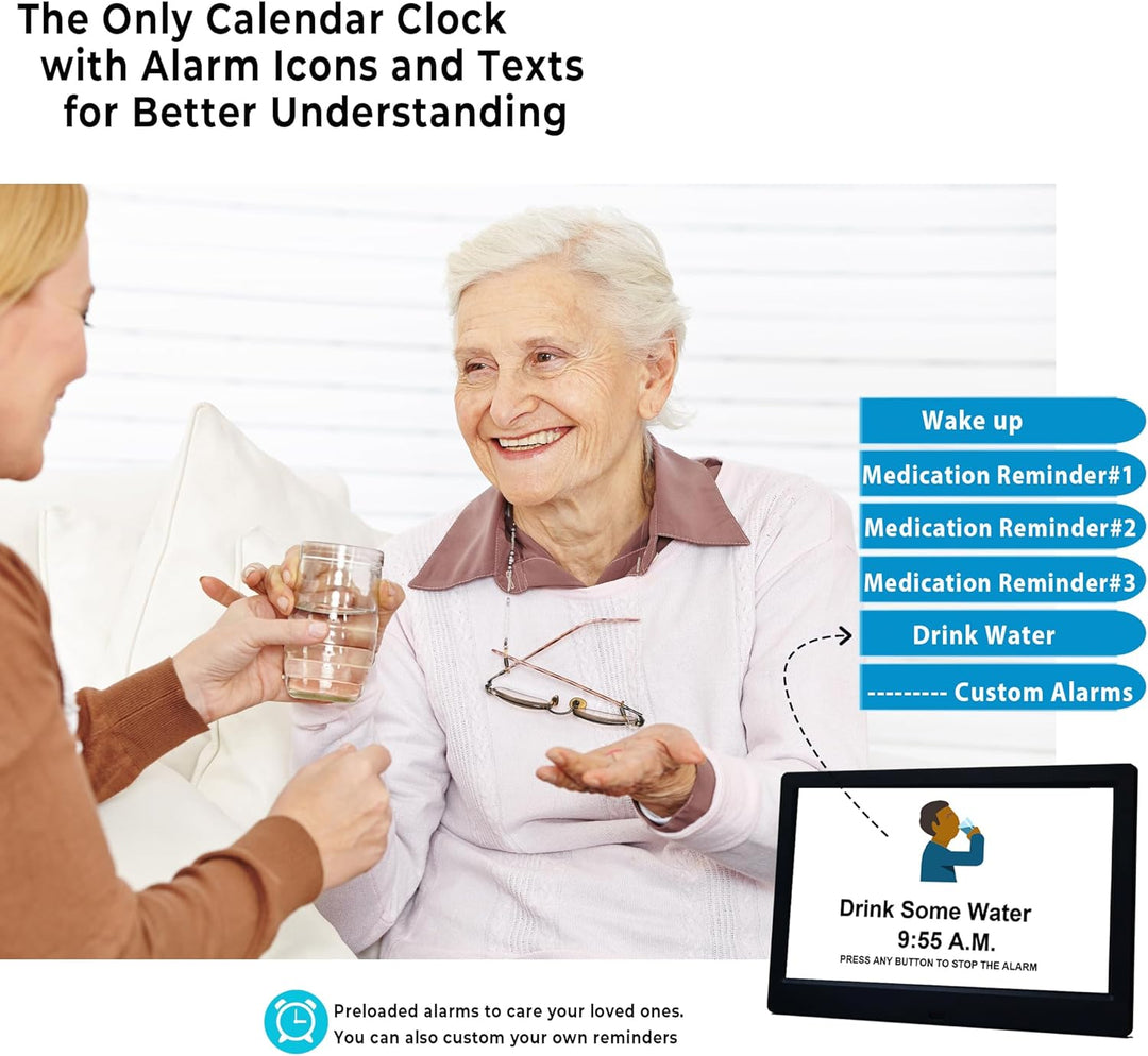 Large display digital calendar day clock, 19 customizeable reminders for seniors