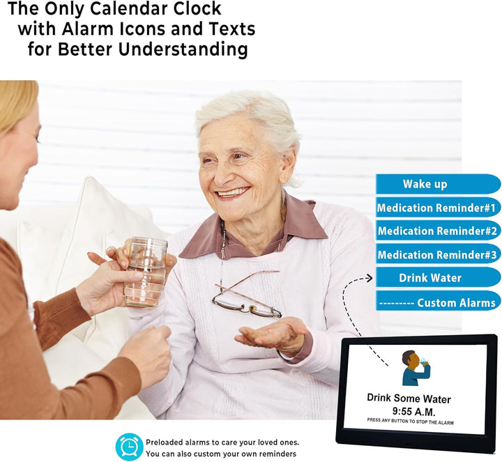 Large display digital calendar day clock, 19 customizeable reminders for seniors