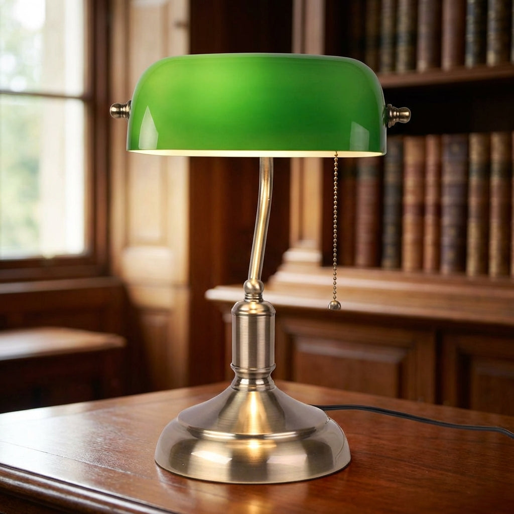 Classic Banker Lamp Table Light with green glass shade & bronze base, perfect for vintage home office decor
