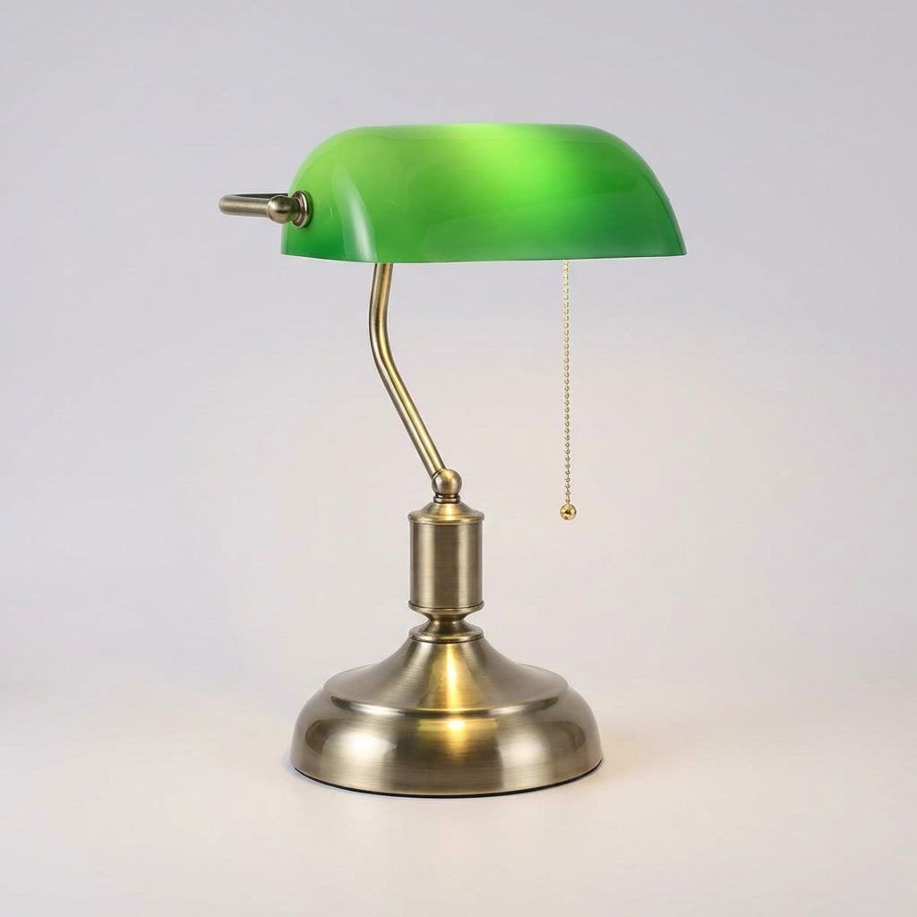 Vintage-inspired LuxeGlint Banker Lamp table light, featuring a polished bronze finish and green glass