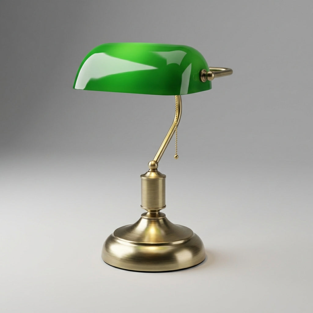 Banker table lamp with adjustable green glass shade & sturdy metal base, a timeless office accessory