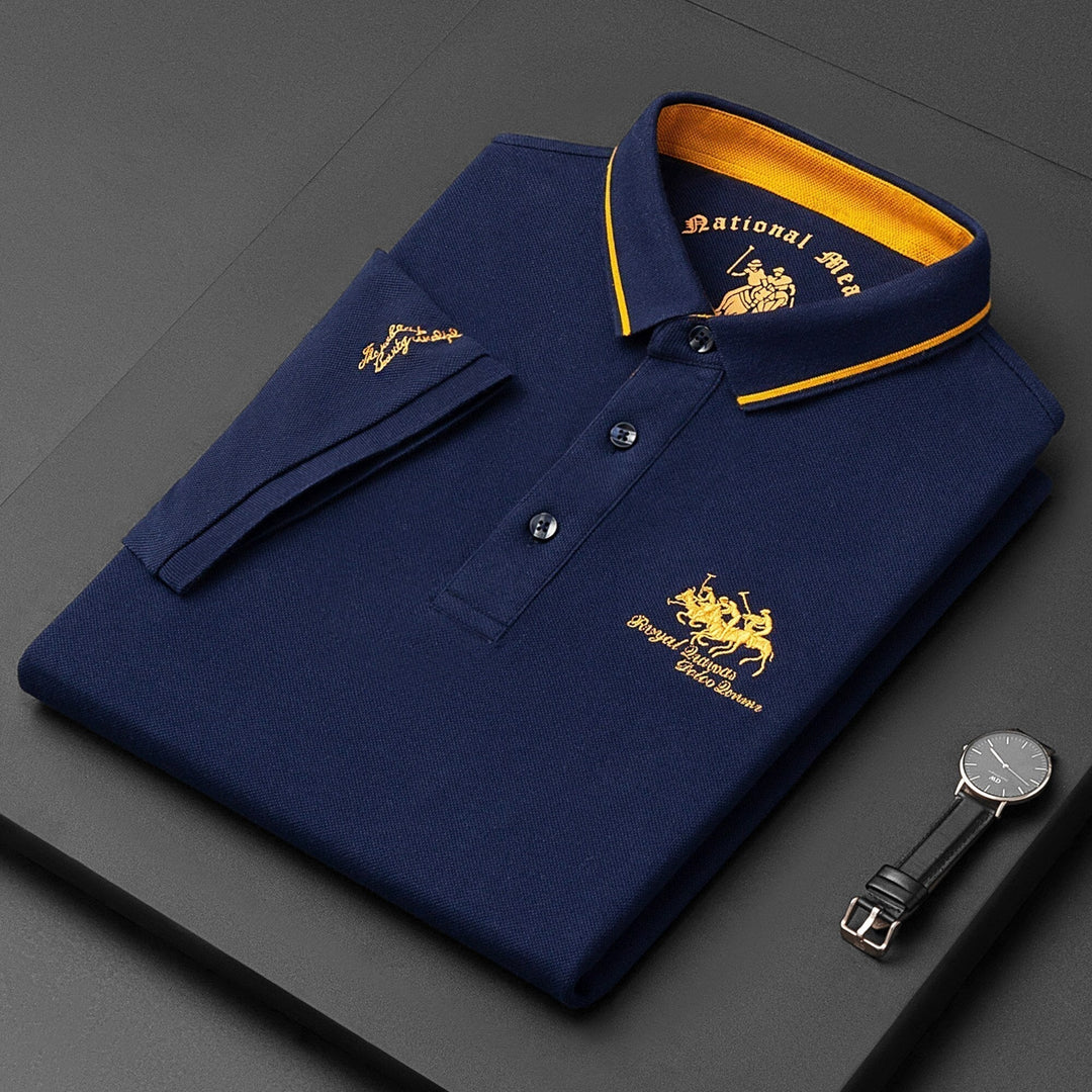 Close-up of a men's classic polo shirt showing button-up placket and soft collar, ideal for smart-casual.