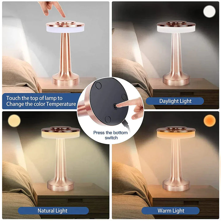 Elegant wireless LED table lamp, dimmable and rechargeable, enhances any room with soft, adjustable light.