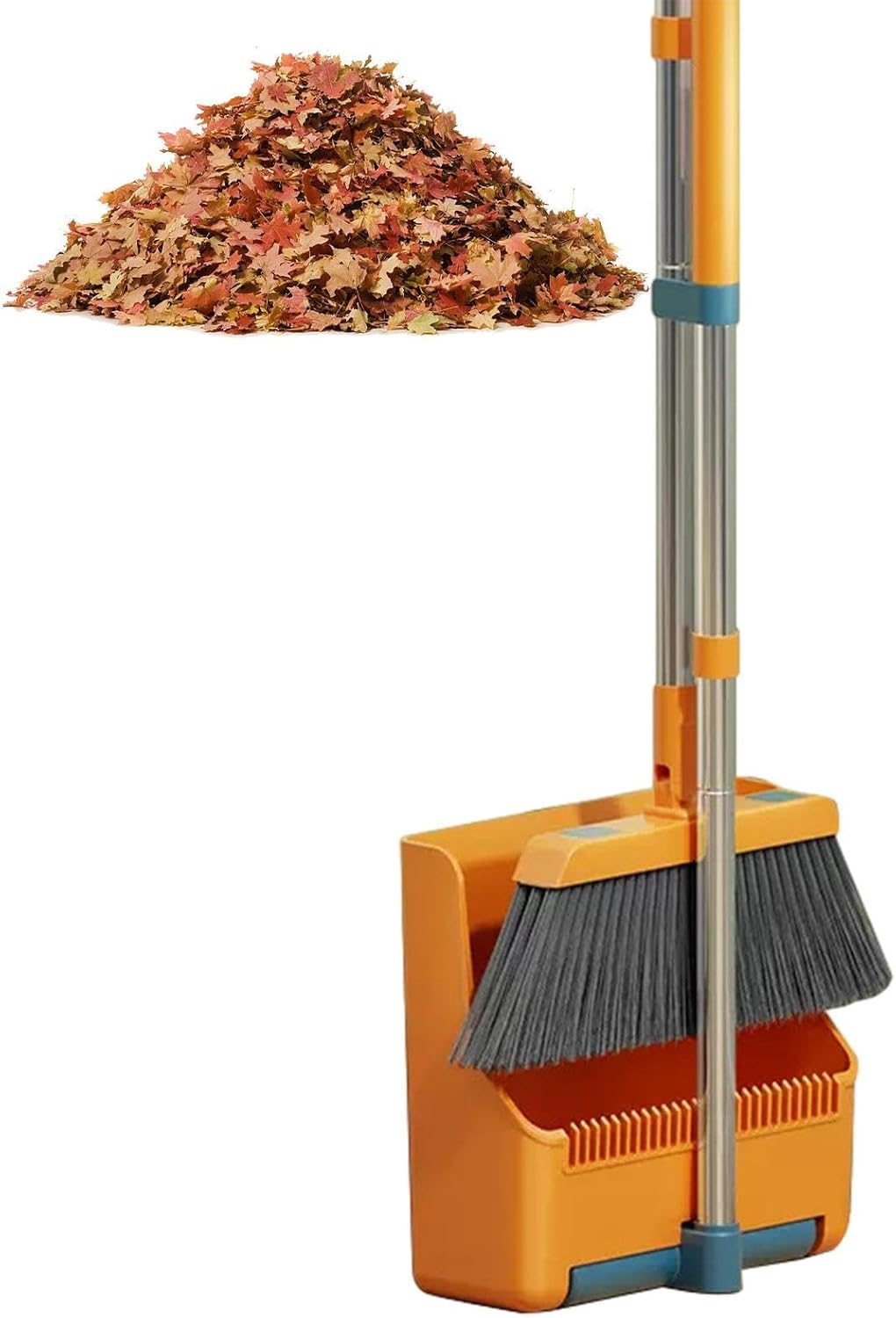 Space-saving design of Clavira broom and dustpan, standing upright for convenient storage