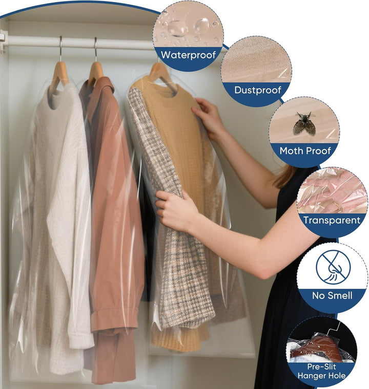 Heavy-duty 50-pack clear garment bags for robust storage and protection of all clothing.
