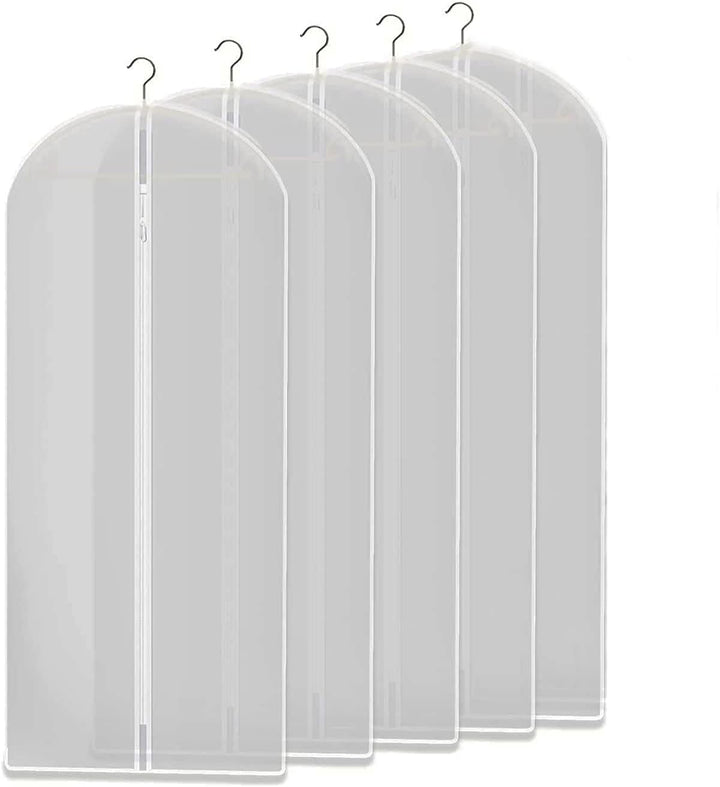 Clear garment storage bags 10-pack for wardrobe protection. Dustproof suit covers for closet organization.
