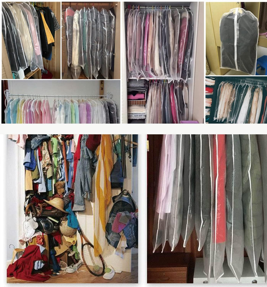 Clear garment bags, 10-pack, for efficient clothing storage & closet organization. Wardrobe dust covers.