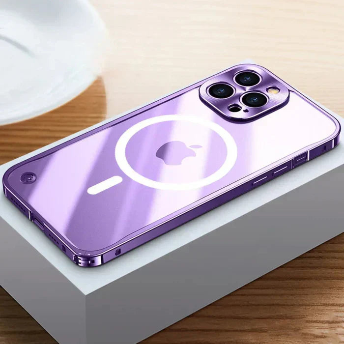 Clear MagSafe case for iPhone 15 Pro Max, showcasing phone's design and SteelGuard protection.