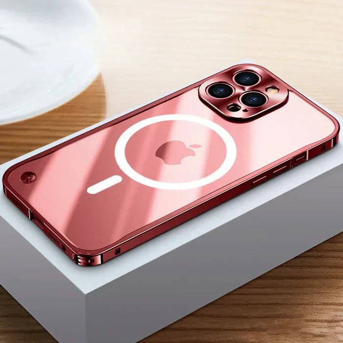 Close-up of a clear MagSafe iPhone 15 series case, showing SteelGuard's reinforced corners.