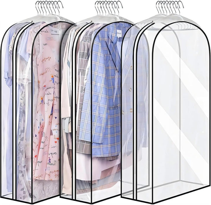 Clear PEVA garment covers, 6-pack, side zipper for dust-proof clothing storage.