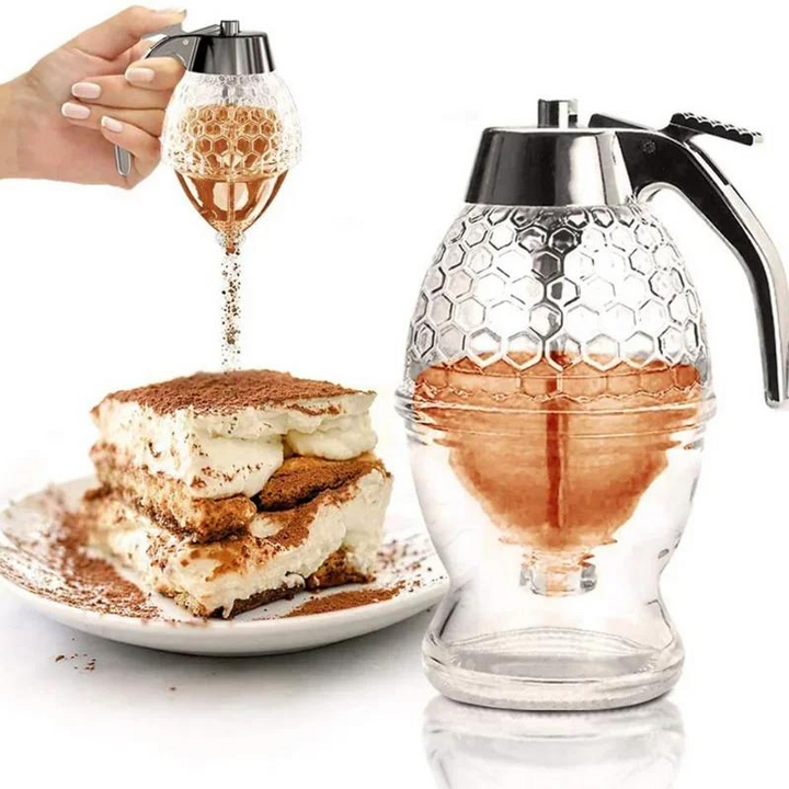 Convenient drip-free honey dispenser in clear plastic with a stand, excellent for kitchen food storage & serving syrup.