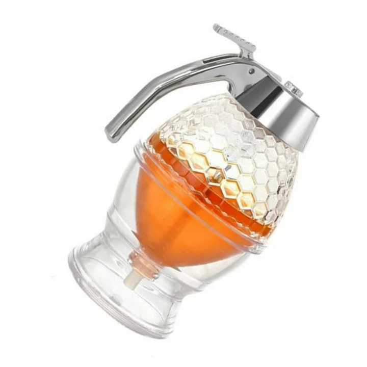 Clear plastic drip-free honey dispenser & syrup server with stand, perfect for breakfast tables and baking needs.