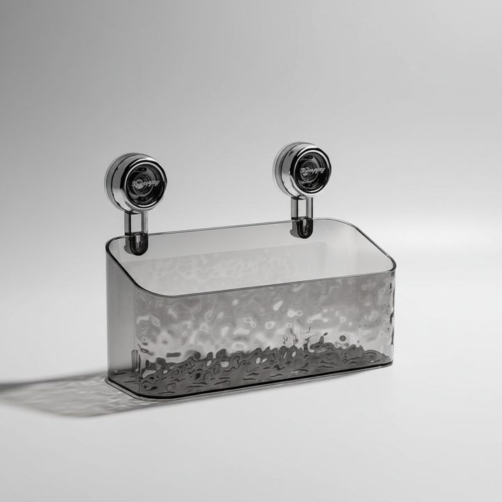 Clear OrganizeGrip wall storage unit, a functional and stylish addition for home organization without drills.