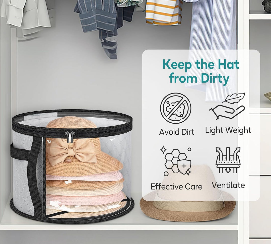 Wide-brim hat storage organizer with clear view window for easy hat identification & dust protection.
