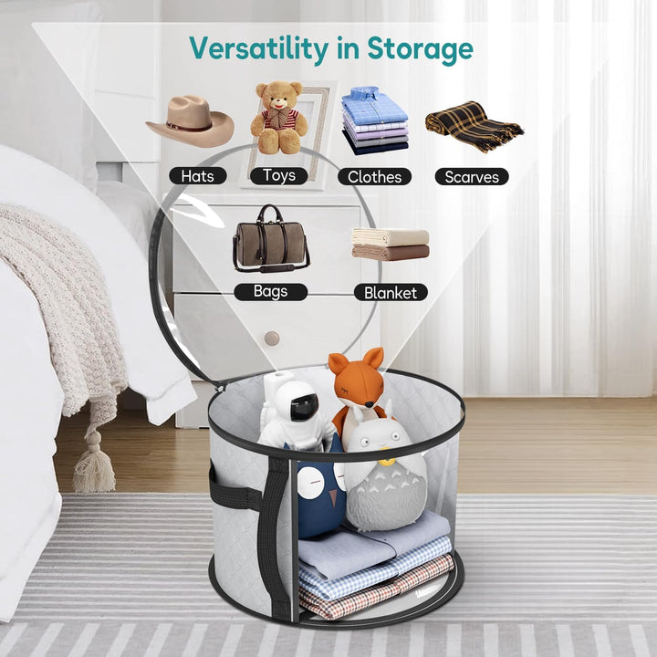 Unisex wide-brim hat storage case. Clear organizer protects hats from dust, ideal for closet & travel.