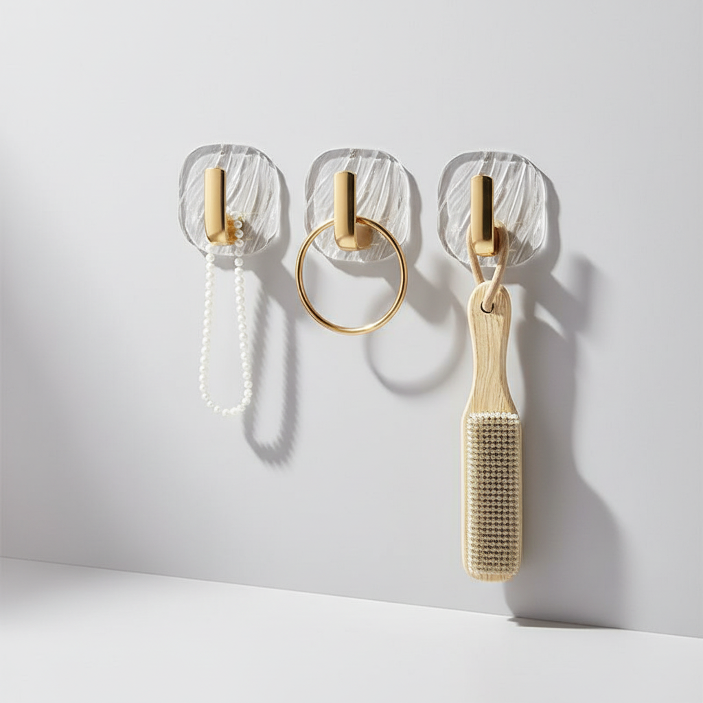 Set of clear acrylic wall hooks, ideal for bathroom organization, kitchen storage, and damage-free home decor
