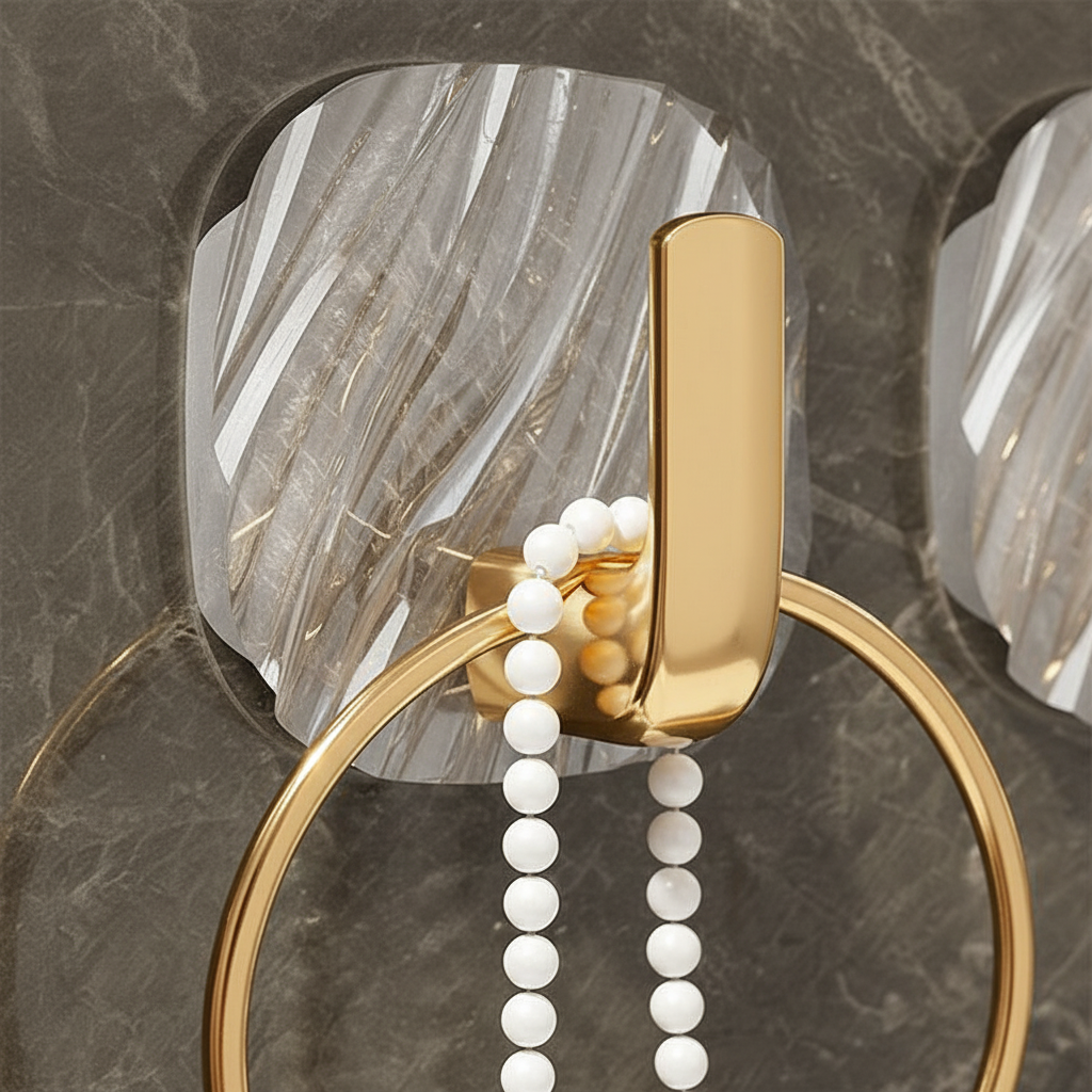 Transparent acrylic self-adhesive hook mounted on a smooth wall, demonstrating its no-drill installation feature