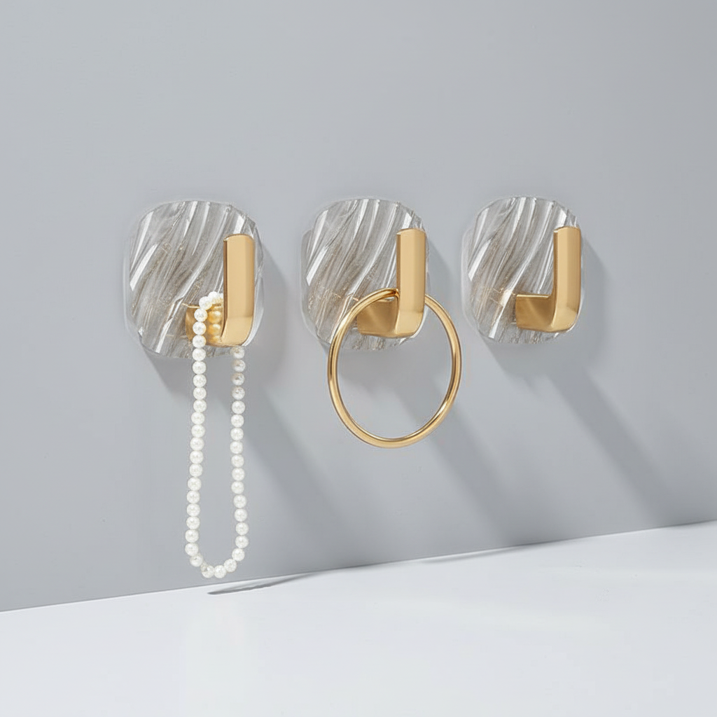 Detailed view of the 'AcryGrip' clear acrylic self-adhesive hook, emphasizing its sturdy and transparent material