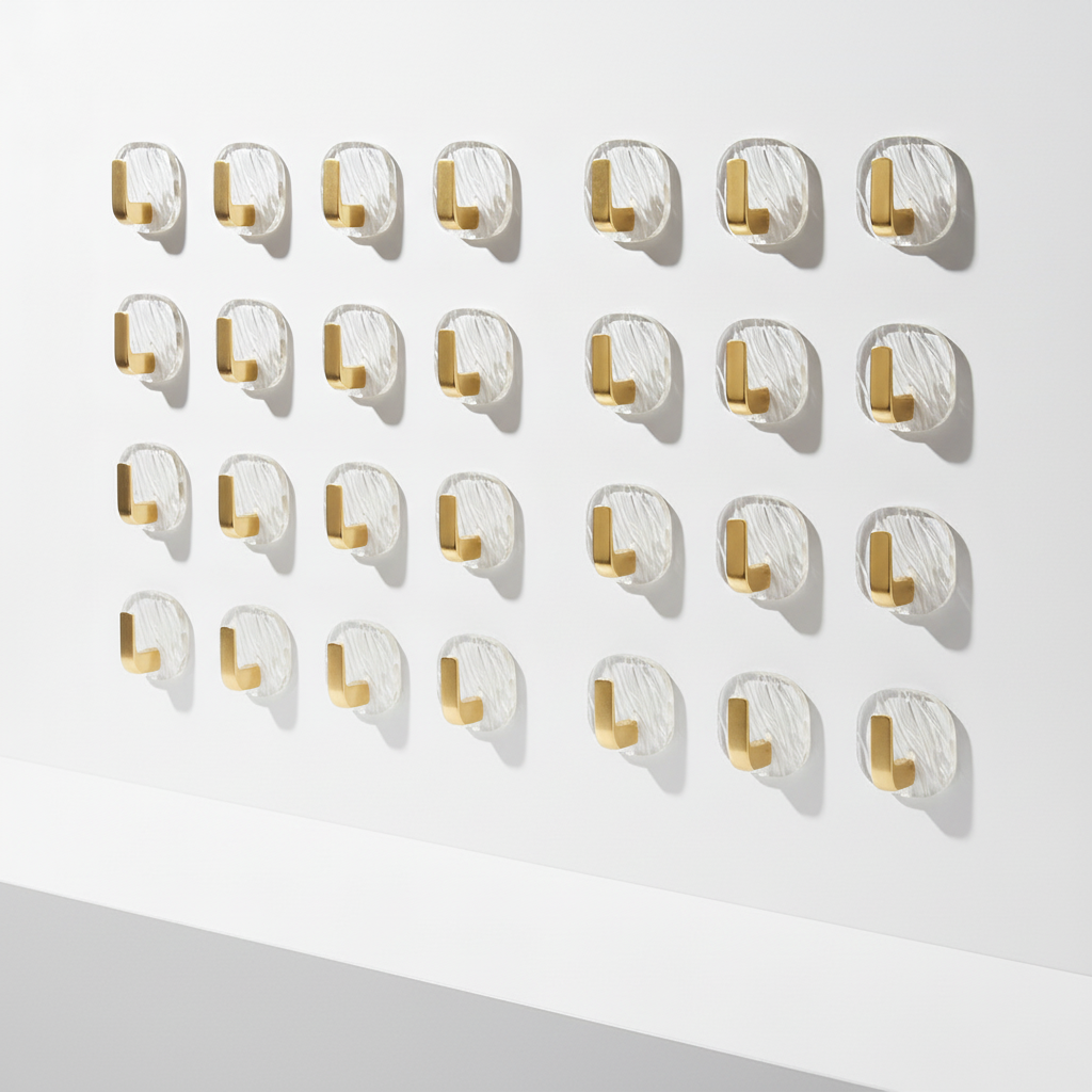 Packaging display of clear acrylic wall hooks, emphasizing the damage-free and no-drill features for easy setup