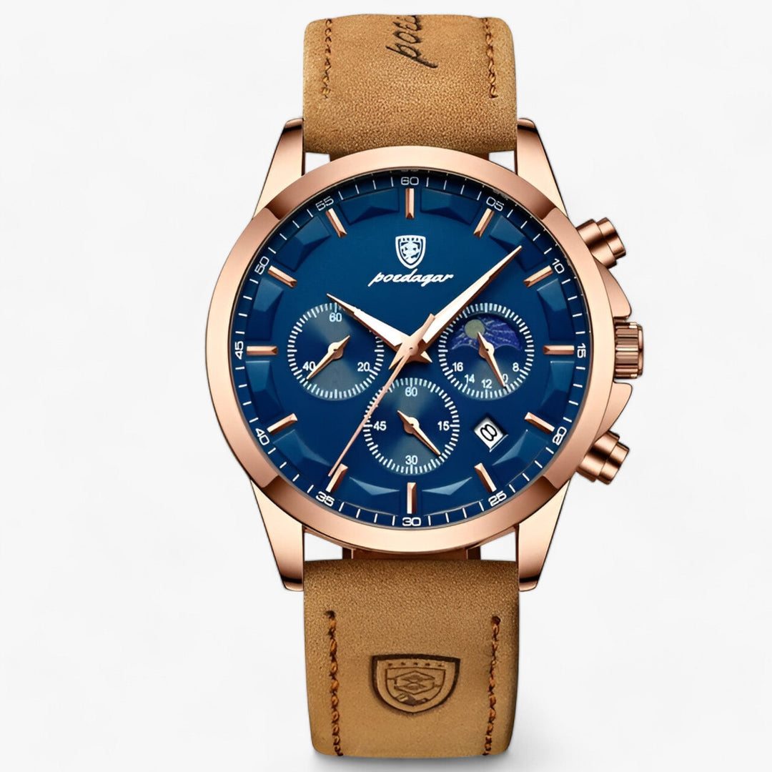 Close-up of a men's luxury waterproof watch with a brown leather strap & silver titanium steel case.