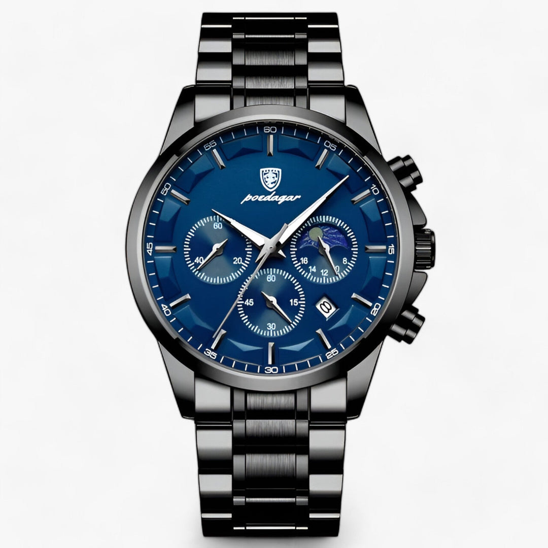 Premium men's casual watch: waterproof, titanium steel case, and comfortable, durable leather strap.