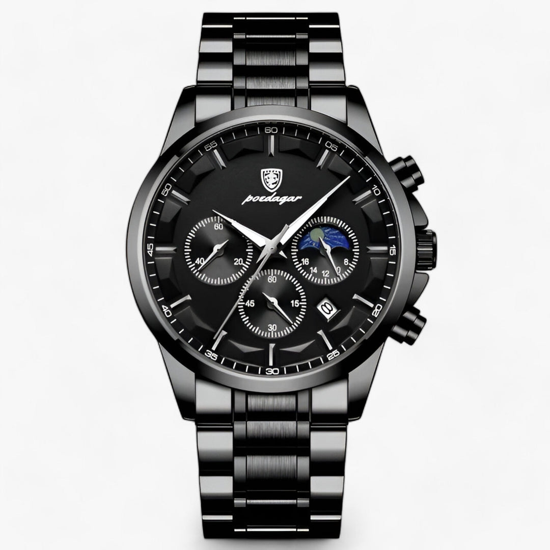 Detailed shot of the waterproof men's dress watch; highlighting the exquisite craftsmanship of the leather strap.