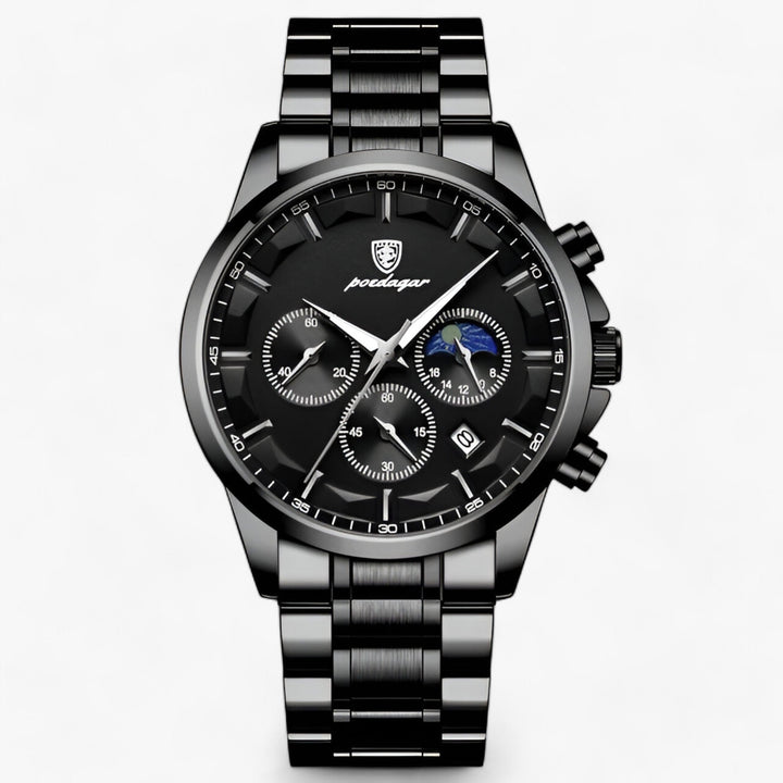 Detailed shot of the waterproof men's dress watch; highlighting the exquisite craftsmanship of the leather strap.