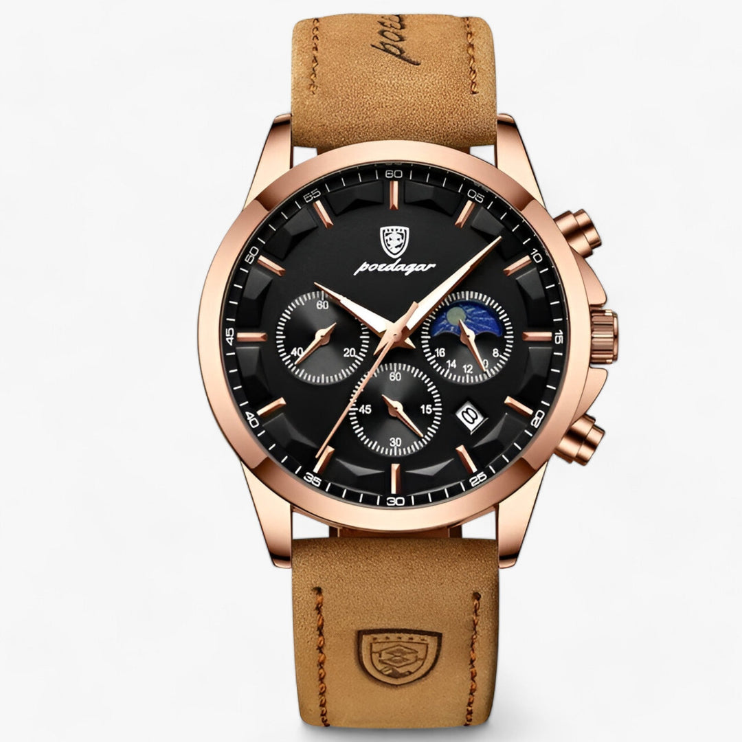 Stylish men's dress watch: waterproof, titanium steel case, & genuine leather strap. A timeless accessory.